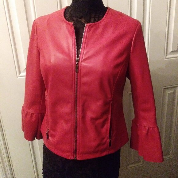 Red Faux Leather Pleather Jacket Collarless Ruffle Sleeve Alfani Petite Medium - Picture 1 of 10
